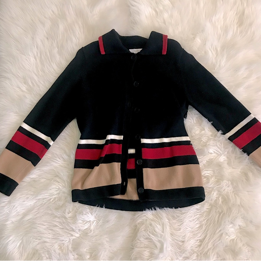 Jones New York | Cardigan Sweater Black Tan Red 100% Cotton Collared Button